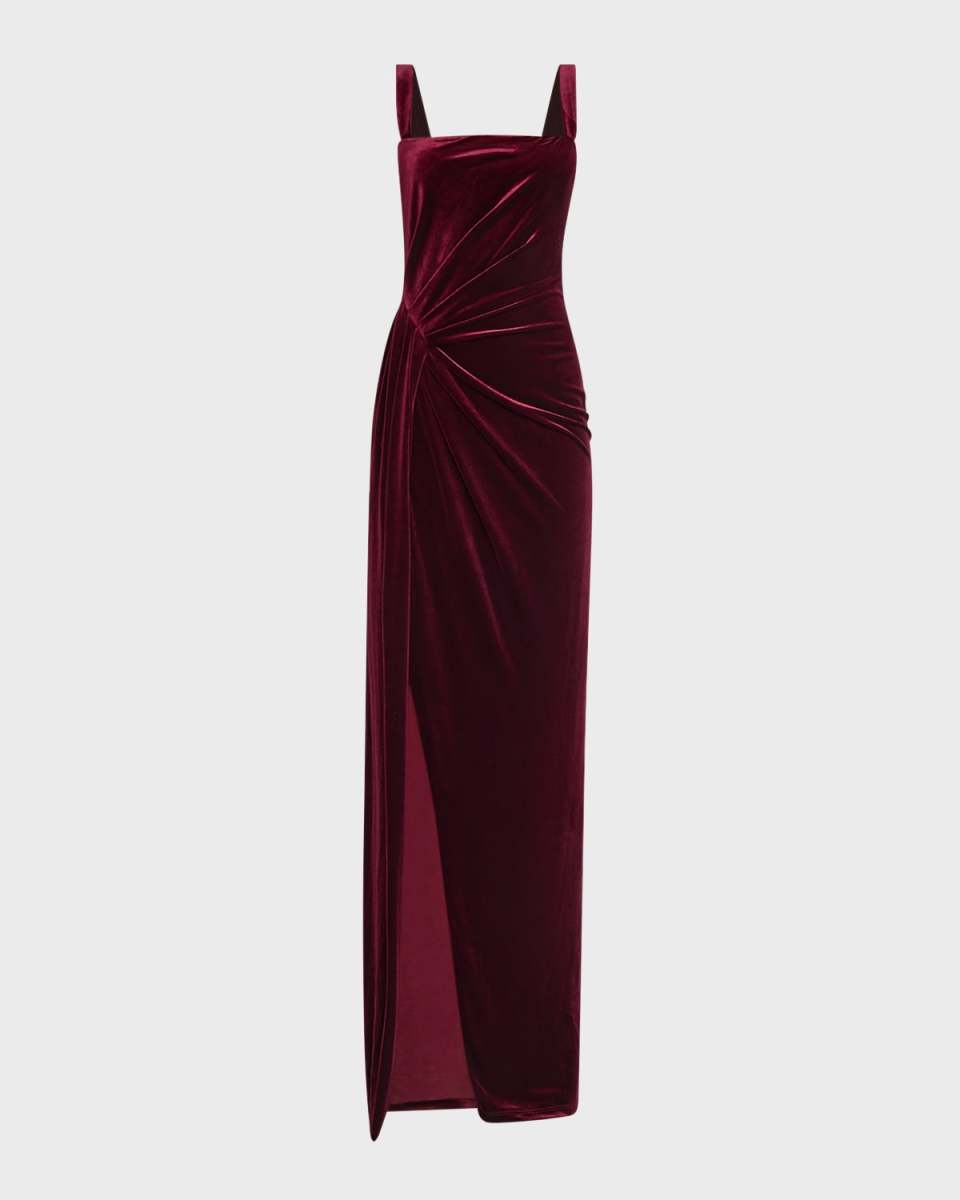 Domino Ruched Square-Neck Velvet Gown